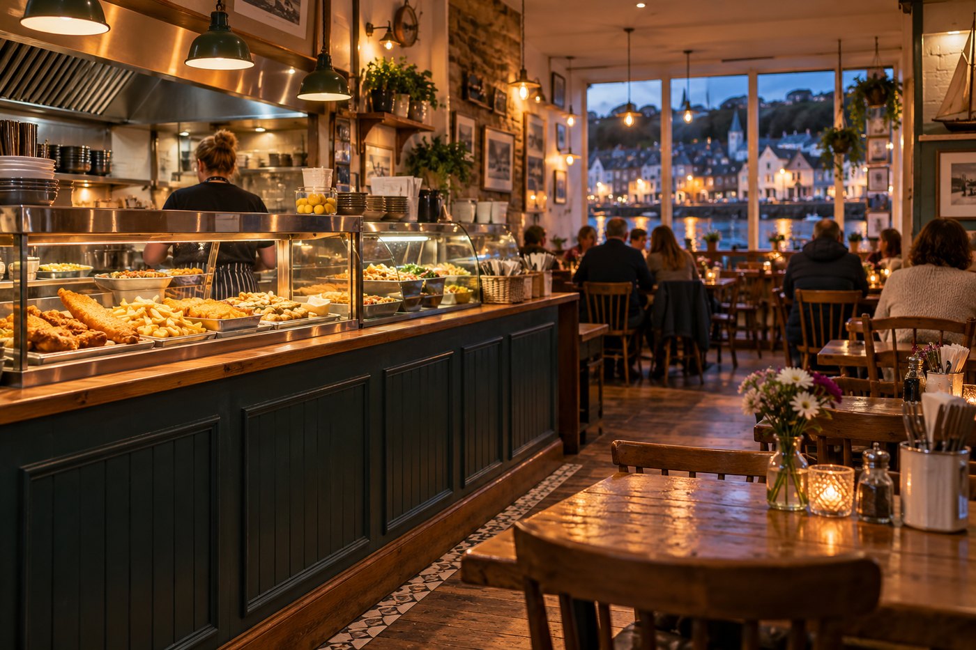 Cosy café and chip shop interior with a counter