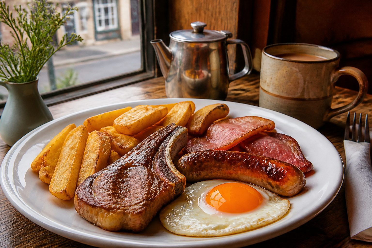 Lamb chop, sausage, rasher, egg and chips