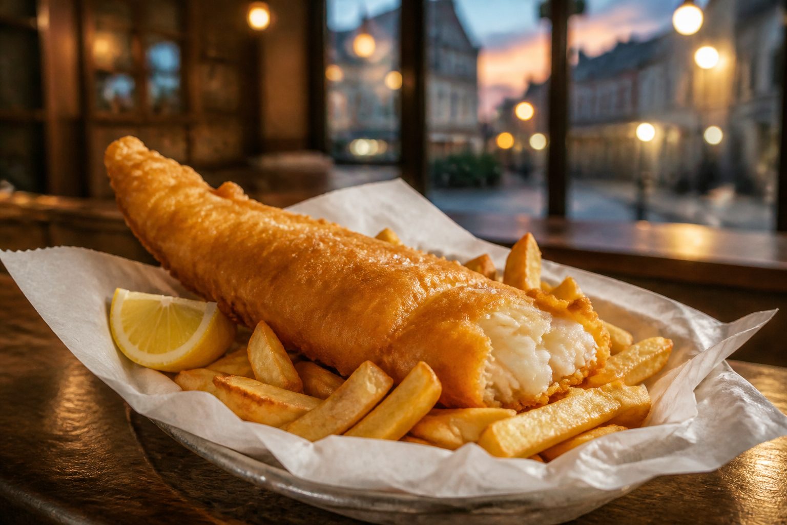 Battered fish and chips with a lemon wedge